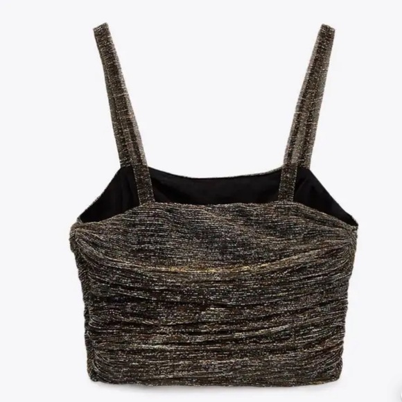 ZARA Gold Silver lurex Metallic Sleeveless Short Crop Top w/Ruffle Front Sz S - Picture 4 of 13